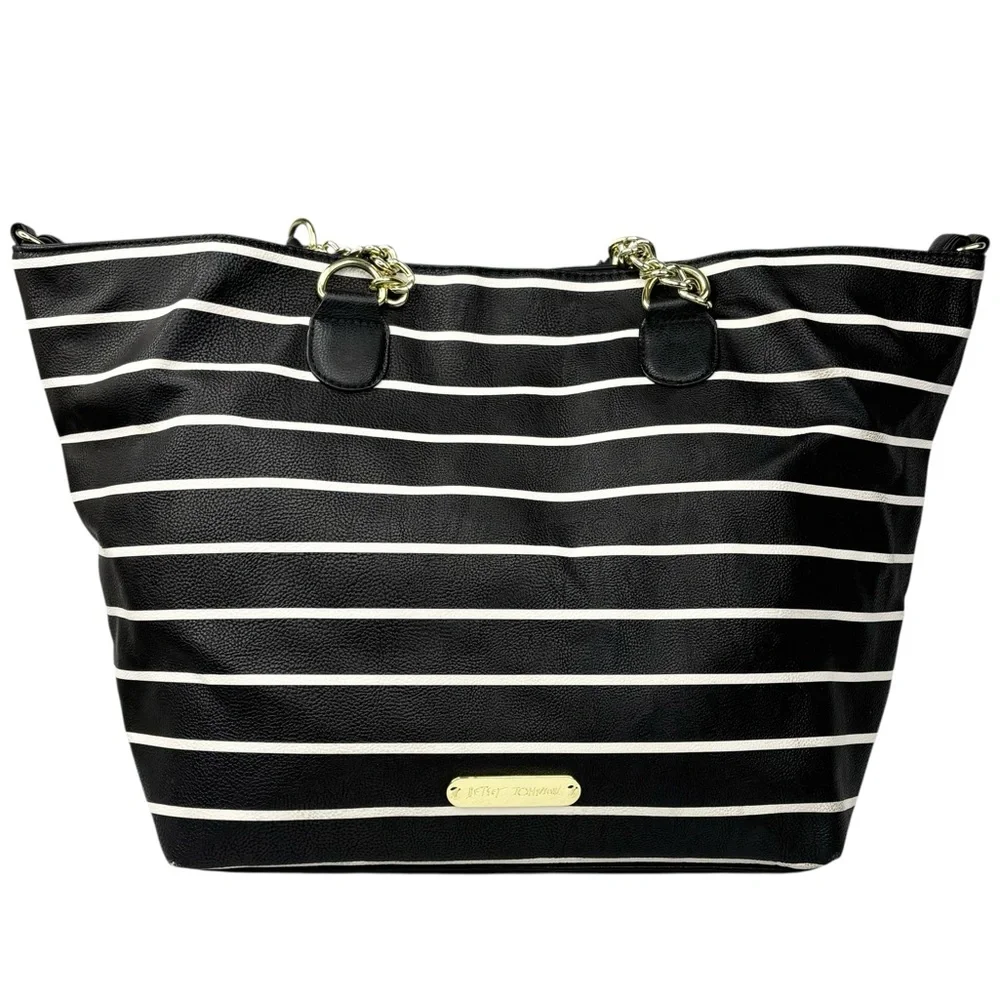 Betsey Johnson Black & White Stripe Red Sequin Glitter Bow Snap Close Tote Purse - Picture 4 of 13